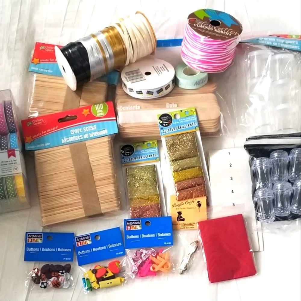 Arts & Craft Bundle Glitter, Buttons, 2 Packs of 100 Craft Sticks & Ribbon